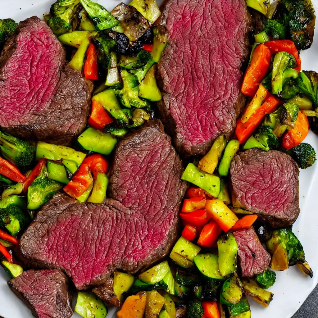 Prompt: a plate of perfectly cooked wagyu steak and vegetables