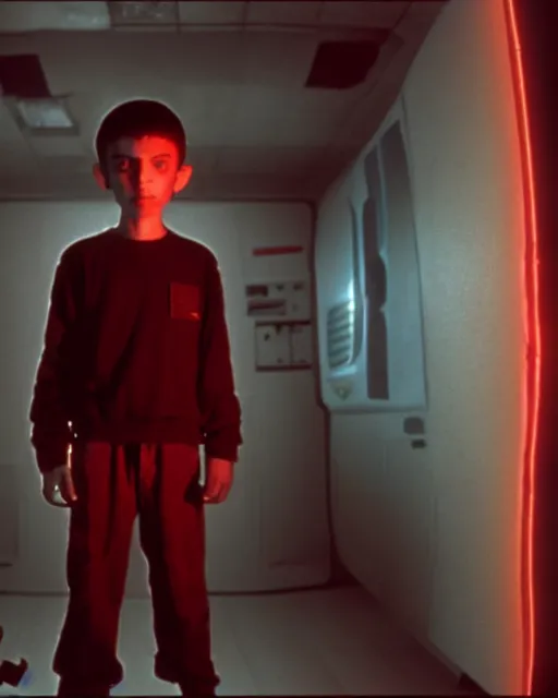 Image similar to 8k professional photo of an 8 years old enlightened and scared boy standing in front of an old computer from 90s with a game doom2 at the monitor screen, still from a movie by Gaspar Noe and James Cameron