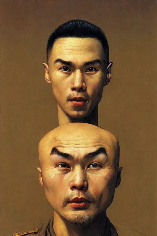 Prompt: beautiful cute bald kazakh guy with a short beard, painted by beksinski, norman rockwell, jack kirby, tom lovell, alex malveda, greg staples