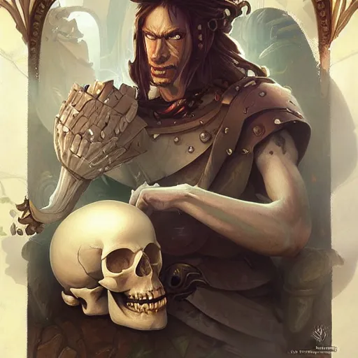 Image similar to a mind - blowing portrait of rayman wearing a human skull, deep focus, d & d, fantasy, intricate, elegant, highly detailed, digital painting, artstation, concept art, matte, sharp, illustration, hearthstone, art by artgerm and greg rutkowski and alphonse mucha