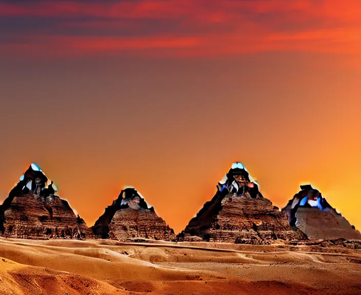 Prompt: 4 k hd, high detail photograph of egyptian pyramids at sunset, shot with sigma f / 4. 2, 2 5 0 mm sharp lens, wide shot, consistent, volumetric lighting, high level texture render