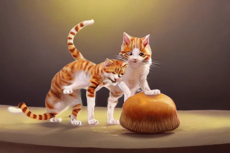 Image similar to a high detail paint of Two cats dancing with a mushroom, in simple background, concept art, mad painting