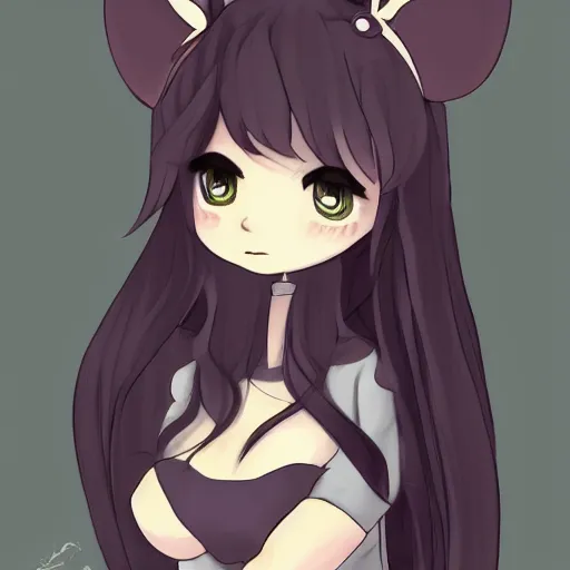 Image similar to headshot of young maple story female mouse, maple story, cute, fantasy, intricate, long hair, dark grey skin, mouse face, maplestory mouse, dark skin, mouse head, mouse ears, black hair, elegant, cartoony, maplestory Deviantart, maplestory character, character art of maple story, smooth, sharp focus, illustration, art by maplestory