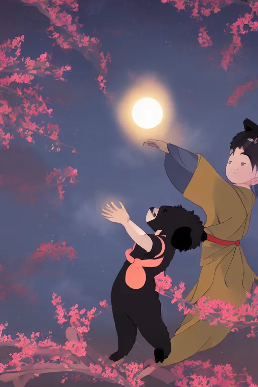 Prompt: digital painting of an anthropomorphic asian black bear samurai, lifting up a small girl wearing a kimono, to pick a golden peach from a branch above their heads. peach is just out of reach, hanging near the top of the page. fantasy. rays of sunlight from above. artstation. deviantart. in the style studio ghibli and top ten fantasy artists