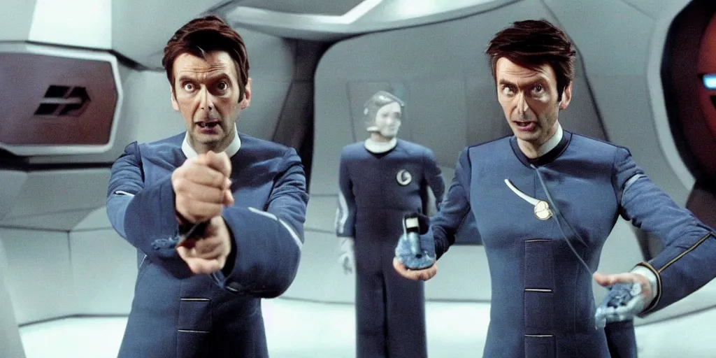 Image similar to David Tennant as Doctor Who, in Starfleet uniform, in the role of Captain Kirk in a scene from Star Trek the original series