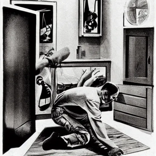 Prompt: dennis hopper crawling around on the floor of a dingy apartment, normal rockwell