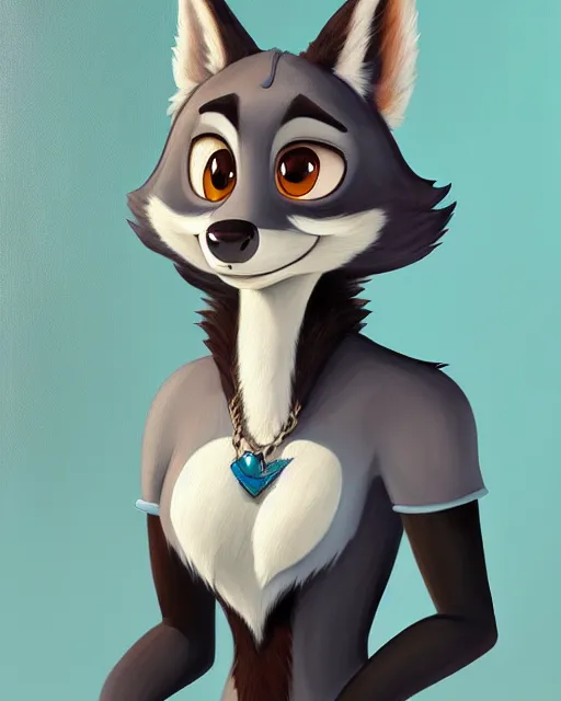 Image similar to oil painting of anthromorphic female wolf, in style of zootopia, female fursona, furry, furaffinity, 4 k, deviantart, furry art, fursona art, wearing black business suit, business suit, wolf fursona, female, very expressive detailed feminine face,