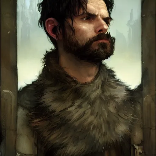 Prompt: closeup portrait of an artificer, furry ferret, male, dark hair, wizard, serious face, dungeons and dragons character, dramatic lighting, castle background, gorgeous view, realistic, high detail, digital art, painted by greg rutkowski, painted by jeremy mann, painted by alphonse mucha, trending on artstation