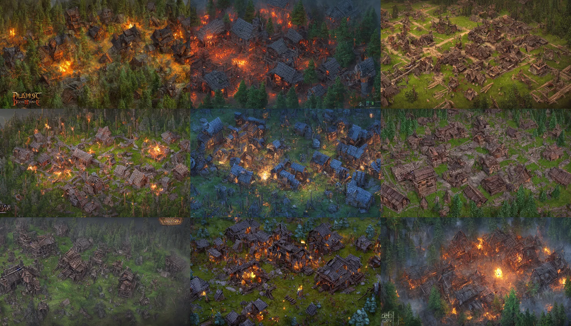 Prompt: Game top down view, а slavic half-destroyed wooden village palisaded , everywhere dark night lit by torches, build in a forest near of a lake, photo realistic, detailed, artstation, cgsociety, 8k, dark fantasy, gloomy, inspired by games Diablo 3, Grim dawn, Path of exile