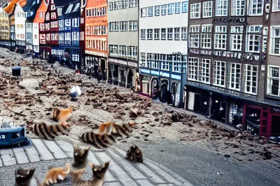 Image similar to copenhagen being destroyed by kittens, carnage, drone photograph cinematic