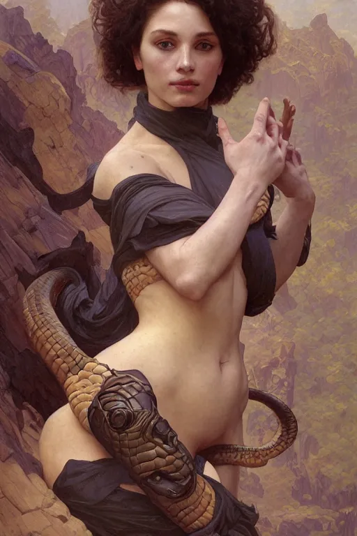 Image similar to Portrait of an anthropomorphic snake-woman, cinematic lighting, intricate, rugged, highly detailed, digital painting, normal hands, normal legs, artstation, smooth, sharp focus, illustration, art by artgerm and greg rutkowski and alphonse mucha and Wayne Barlowe and william-adolphe bouguereau