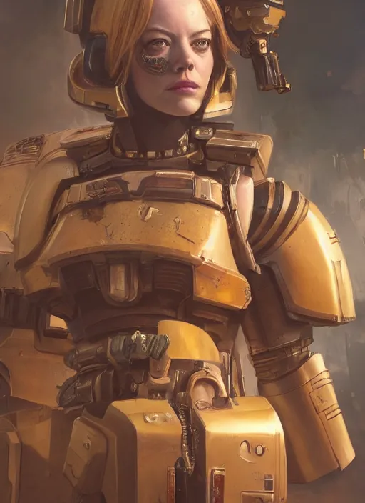 Image similar to emma stone as a space marine, apocalypse, naturel, hyper detailed, digital art, trending in artstation, cinematic lighting, studio quality, smooth render, unreal engine 5 rendered, octane rendered, art style by klimt and nixeu and ian sprigger and wlop and krenz cushart.