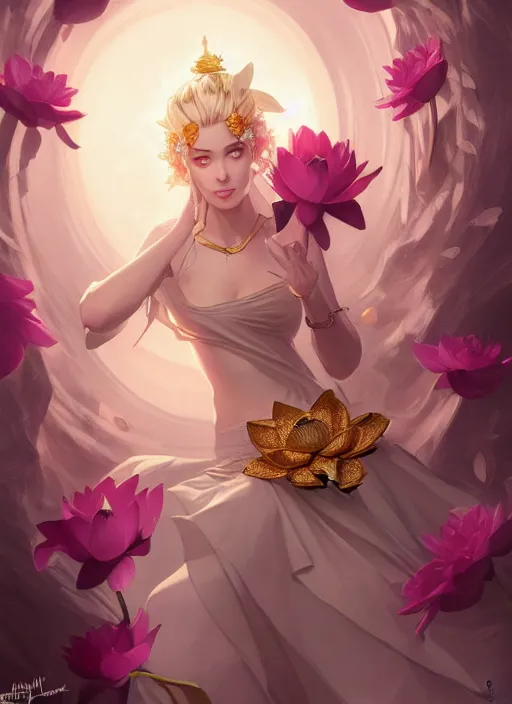 Image similar to female magician, wide angle view, lotus, flowers, gold, diamonds, highly detailed, artgerm, cushart krenz, artstation, soft light, sharp focus, illustration, character design, concept art