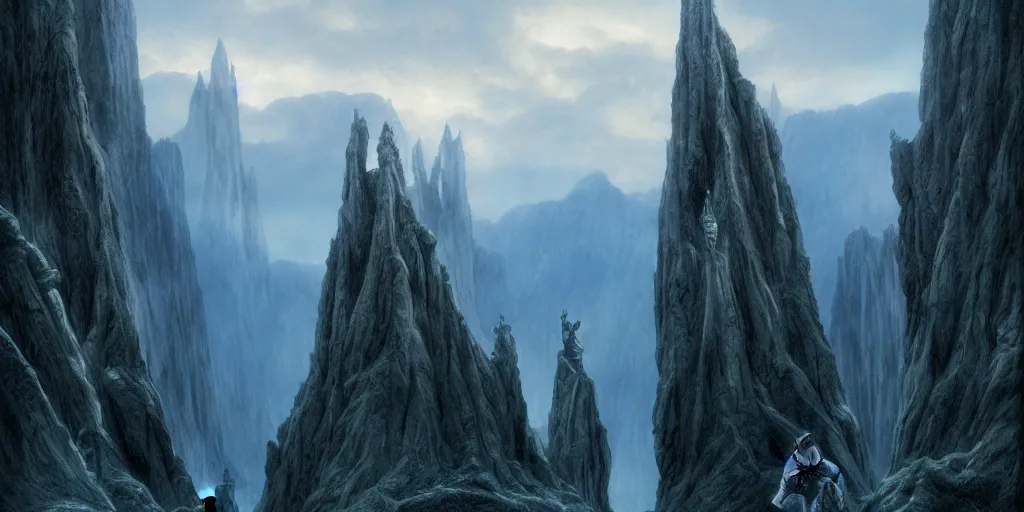 Prompt: Argonath statues at the River Anduin, Pillars of the Kings, evening, detailed matte painting, low angle view, cinematic, Alan Lee, Artstation