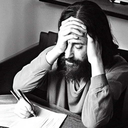 Image similar to a stressed out jesus christ doing his taxes, candid photography