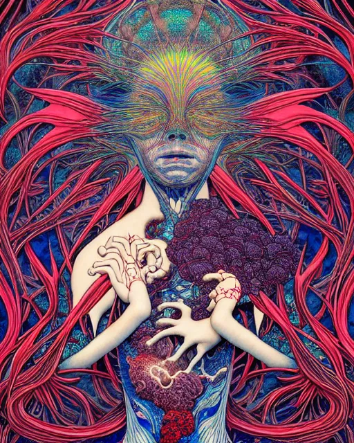 Prompt: human spirit breaking away from the body, conjuring psychedelic background, part by takato yamamoto, part by alex gray, ross tran, james jean, ultra realistic, octane render, highly detailed, 8 k, trending on artstation, cosmic, symmetry, masterpiece