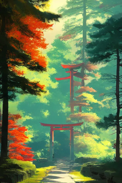 Image similar to Japanese Torii in a colorful moutain with trees ,morning , by Grzegorz Rutkowski, concept art