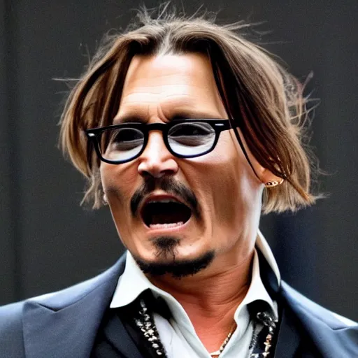 Image similar to johnny depp screaming cheerfully in court as he wins defamation case, 4 k, photorealistic photography