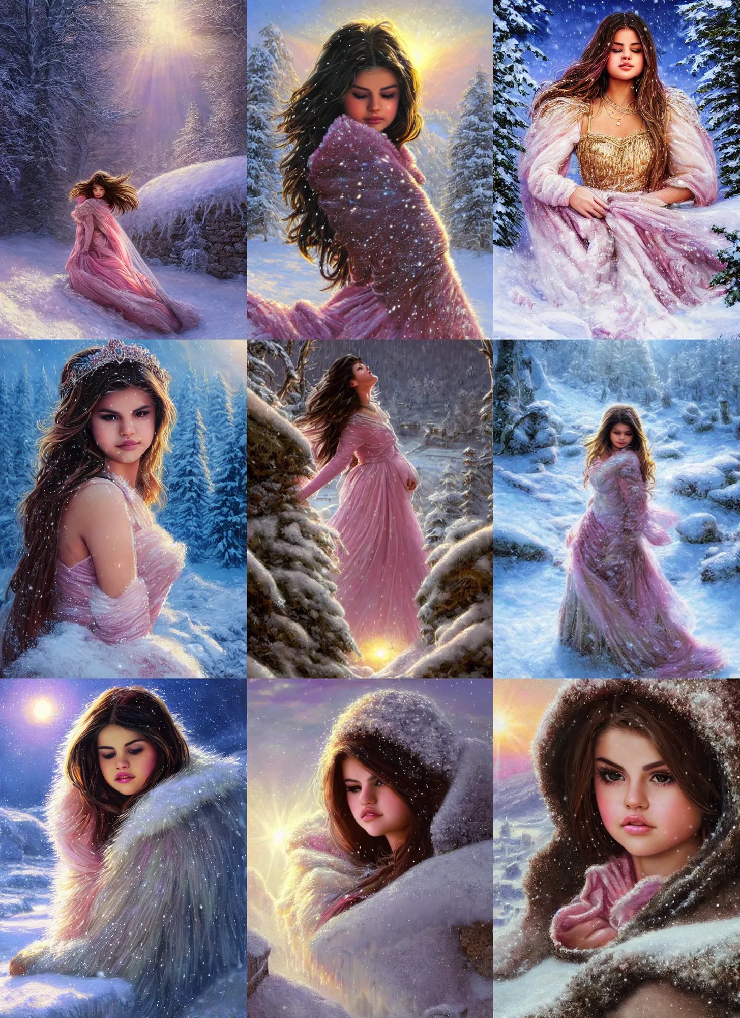 Image similar to epic face portrait of Selena Gomez warmly clothed sleeping in deep snowy snow, winter princess, ancient ruins, prism sun rays through wind swept snow, pink golden hour, saturated, intricate, highly detailed, epic vista, very crispy, Ralph Horsley, Daniel F. Gerhartz, Artgerm, Boris Villajo, Lilia Alvarado