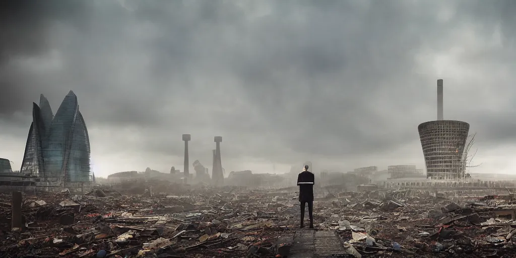 Prompt: a color photograph of Boris Johnson standing in front a nuclear landscape of the southbank centre in london, the london eye and big ben are still standing, collapsed brutalist architecture, groups of human figures stagger amongst the ruins, fog, dust atmosphere, brooding clouds, mushroom cloud, detailed, 4k, Fallout, postapocalyptic