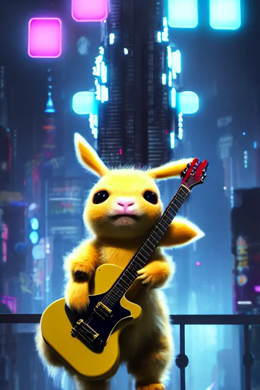 Image similar to high quality 3 d render very cute fluffy! cyborg cow plays guitar, cyberpunk highly detailed, unreal engine cinematic smooth, in the style of blade runner & detective pikachu, hannah yata charlie immer, moody light, low angle, uhd 8 k, sharp focus