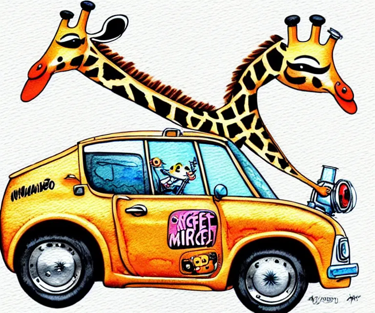 Image similar to cute and funny, giraffe wearing a helmet riding in a tiny hot rod with oversized engine, ratfink style by ed roth, centered award winning watercolor pen illustration, isometric illustration by chihiro iwasaki, edited by range murata, tiny details by artgerm and watercolor girl, symmetrically isometrically centered