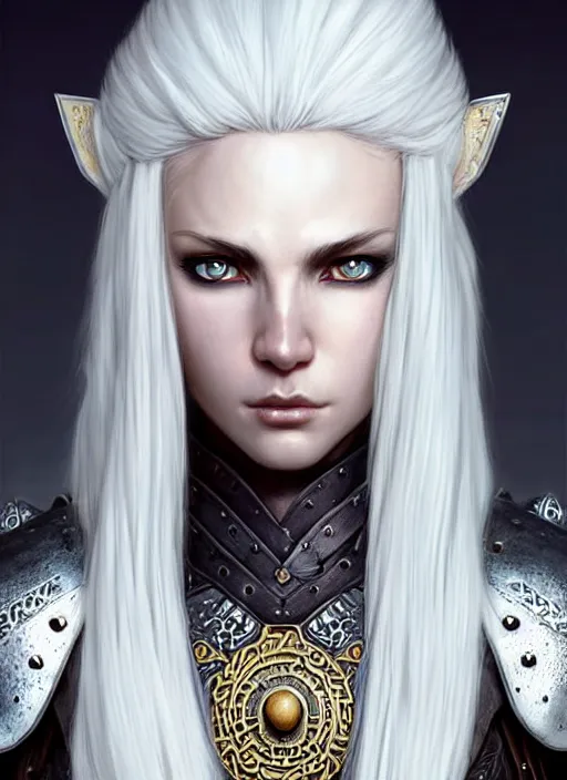 Image similar to warrior, leather armor!!! long wild white hair!! covered chest!!! fantasy, d & d, intricate ornate details, digital painting, pretty face!!, symmetry, concept art, sharp focus, illustration, art by artgerm! greg rutkowski magali villeneuve wlop! ilya kuvshinov!!, octane render
