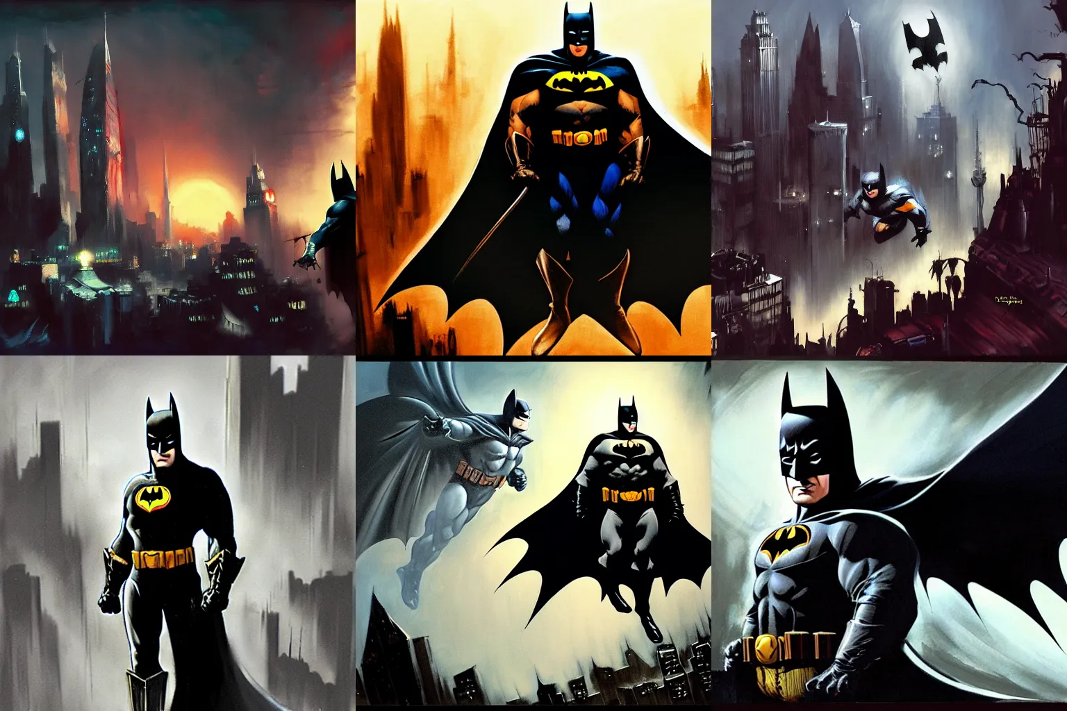 Prompt: greg capullo, Frank frazetta, batman, Gotham city background, concept art, trending on artstation