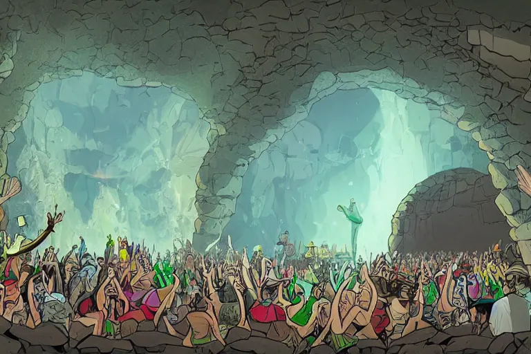 Prompt: Stone Age rave in a cave, illustrated by Steven Spazuk