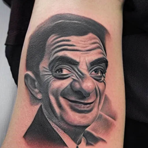 Prompt: tattoo of mr bean as a street thug