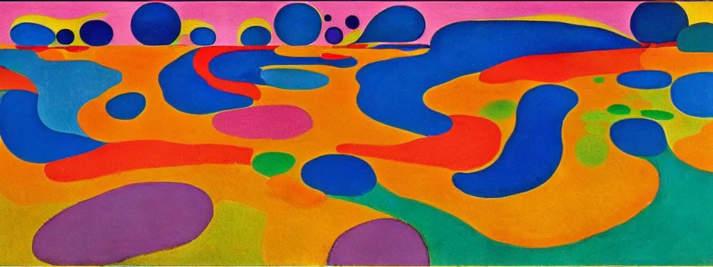 Image similar to Psychedelic sci-fi dreamworld. Landscape painting. Organic. Winding rushing water. Waves. Clouds. Landscape by Alex Katz. Wayne Thiebaud. Paul Klee. David Hockney.