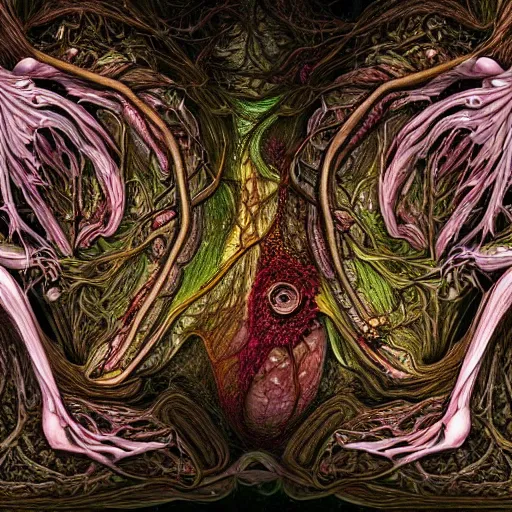 Image similar to a beautiful detailed photo of a rotten woman corpse open in two sides morphing into fractal plants and fractal flowers and mushrooms, muscles, veins, anatomical, intricate, ornate, volumetric light, beautiful lit, romero ressendi