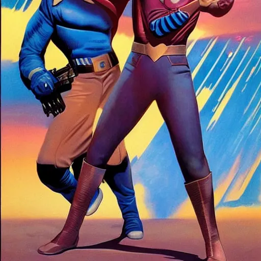 Prompt: very beautiful intergalactic space princess and a handsome star Warrior standing together. Action. Hero pose. Cosmic. Sci-fi. Science fiction pulp by Greg Hildebrandt.