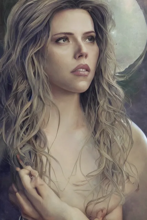 Image similar to portrait of scarlett johansson, long hair, fantasy, elegant, intricate, full frontal shot, highly detailed, digital painting, artstation, concept art, sharp focus, illustration, art by artgerm and greg rutkowski and alphonse mucha