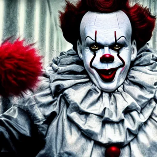 Image similar to stephen king as pennywise the clown, professional photography, in sewer tunnel, buck teeth, meek smile