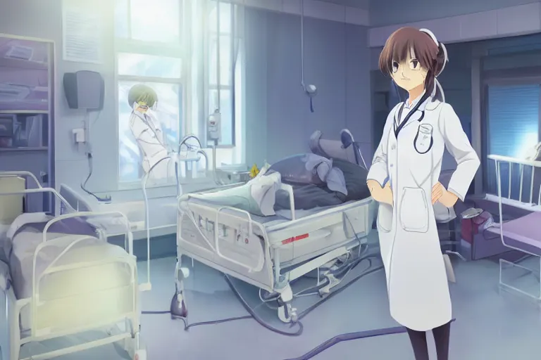Prompt: a cute young lady, a doctor wearing white coat in hospital ward, slice of life anime, anime scenery by Makoto shinkai