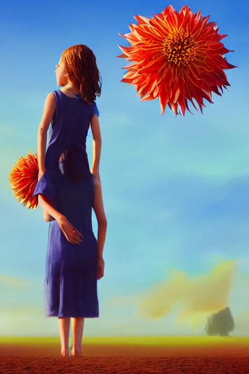 Image similar to closeup giant dahlia flower head, girl standing on beach, surreal photography, blue sky, sunrise, dramatic light, impressionist painting, digital painting, artstation, simon stalenhag