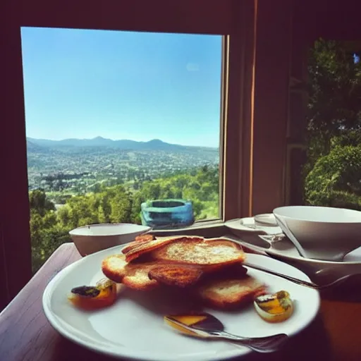 Prompt: beautiful breakfast with beautiful stunning view