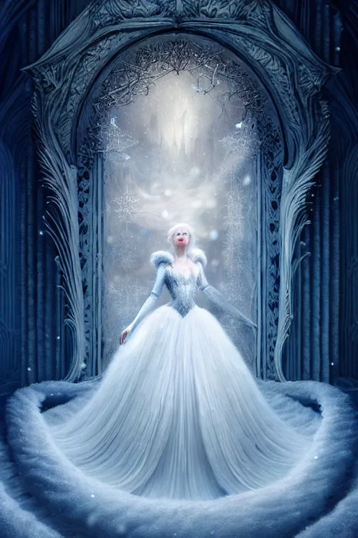 Prompt: epic professional digital art of the white snow queen, atmospheric lighting, painted, complex, detailed, sinister background, leesha hannigan, wayne haag, reina rocin, ignacio fernandez rios, mark ryden, iris van herpen, epic, stunning, magnificent, very wow, cinematic, masterpiece.