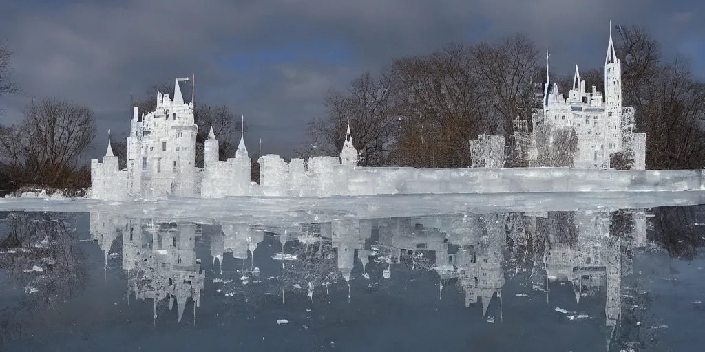 Prompt: a castle made out of ice, reflections, sparkle