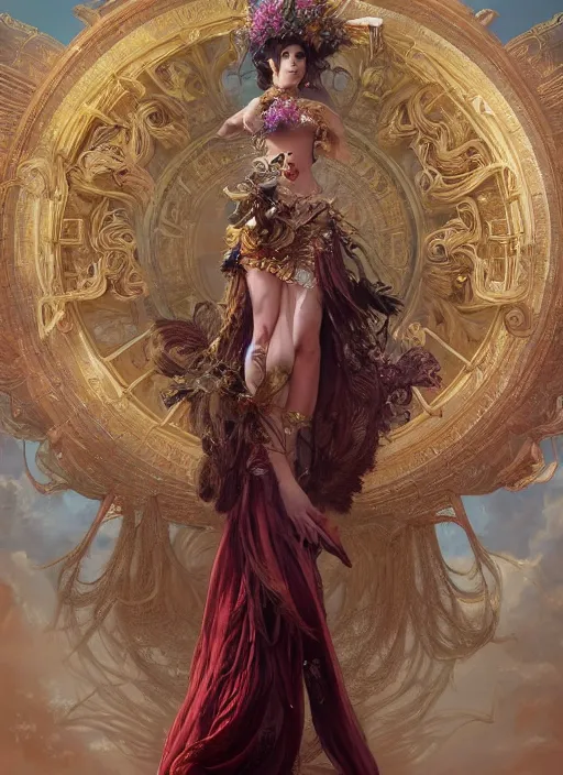 Prompt: real photoshoot goddess of planets wearing a feathered cloak and a fancy silk floral dress, ornate, ultra realistic, concept art, intricate details, eerie, highly detailed, photorealistic, octane render, 8 k, unreal engine. art by artgerm and greg rutkowski and charlie bowater and magali villeneuve and alphonse mucha