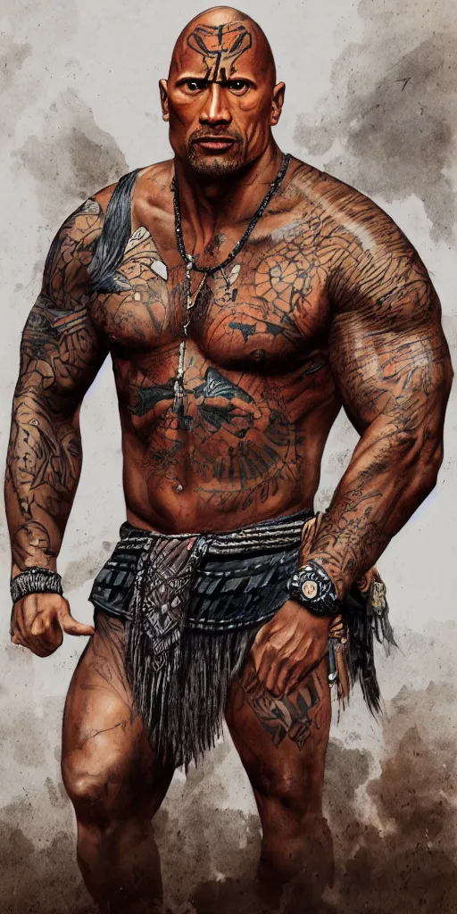 Image similar to Portrait of Dwayne Johnson with Indian tattoos and wearing Indian Apache outfit, realistic, digital art, smooth, trending on Artstation, 8k.