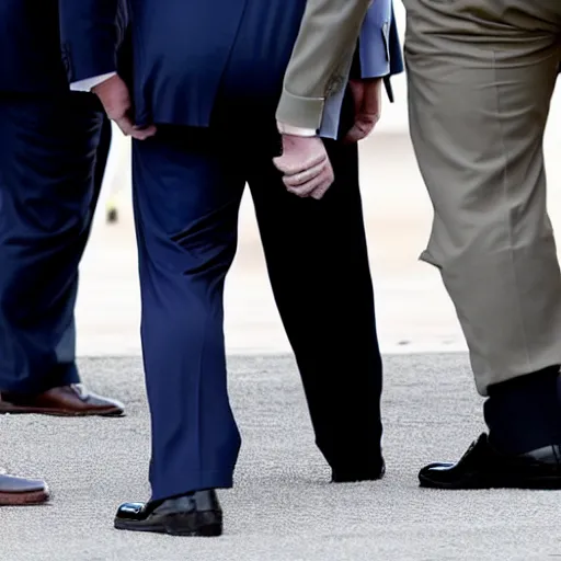 Prompt: Donald Trump in handcuffs escorted by two FBI agents at Mar-a-lago, photo, low angle