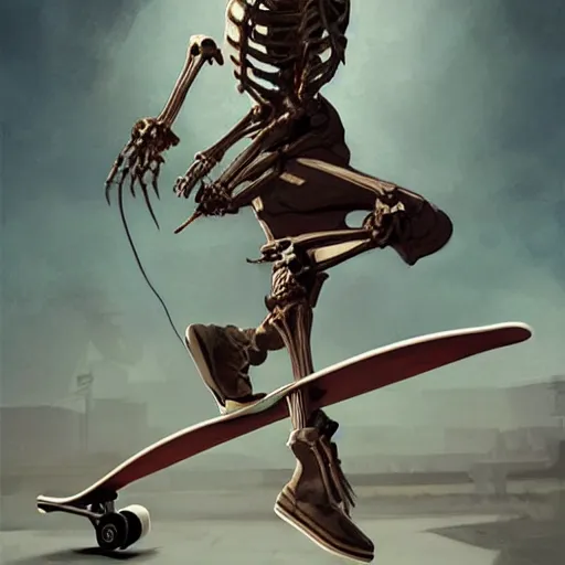 Image similar to a skeleton fashion model, riding a skateboard, full body pose, historical, intricate, highly detailed, dynamic lighting, digital art, digital painting, artstation, wlop, sharp focus, illustration, art by artgerm and greg rutkowski and alphonse mucha