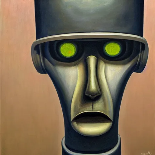 Image similar to sad robot portrait, visage, dystopian, pj crook, edward hopper, oil on canvas