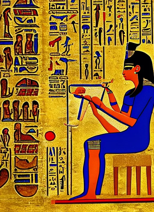 Image similar to ancient egypt painting girl using computer, 4 k, high quality, sharp fucos