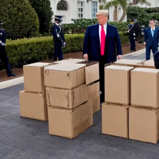 Image similar to donald trump leaving mar - a - lago with cardboard boxes, lego,