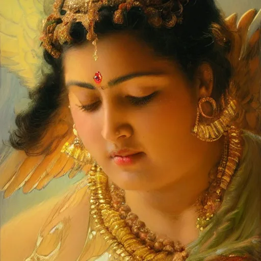 Prompt: detailed portrait of thicc hindu traditional woman with angel wings coming down to earth in baroque painting, girl graceful, eyes closed, painting by gaston bussiere, craig mullins, j. c. leyendecker