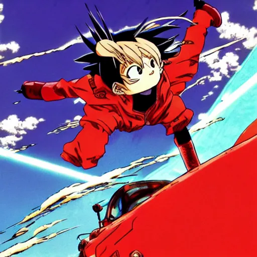 Image similar to an anime image in the style of akira, with a character leaping through the air, striking at a huge bat robot.