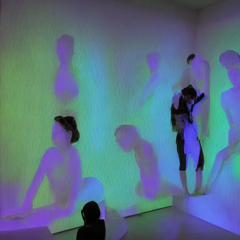 Image similar to fluxus performance of'blue and green'gradient colors light projection onto a few giant smiling human heads in a cramped art gallery, high contrast hyperrealism trending on arstation 8 k